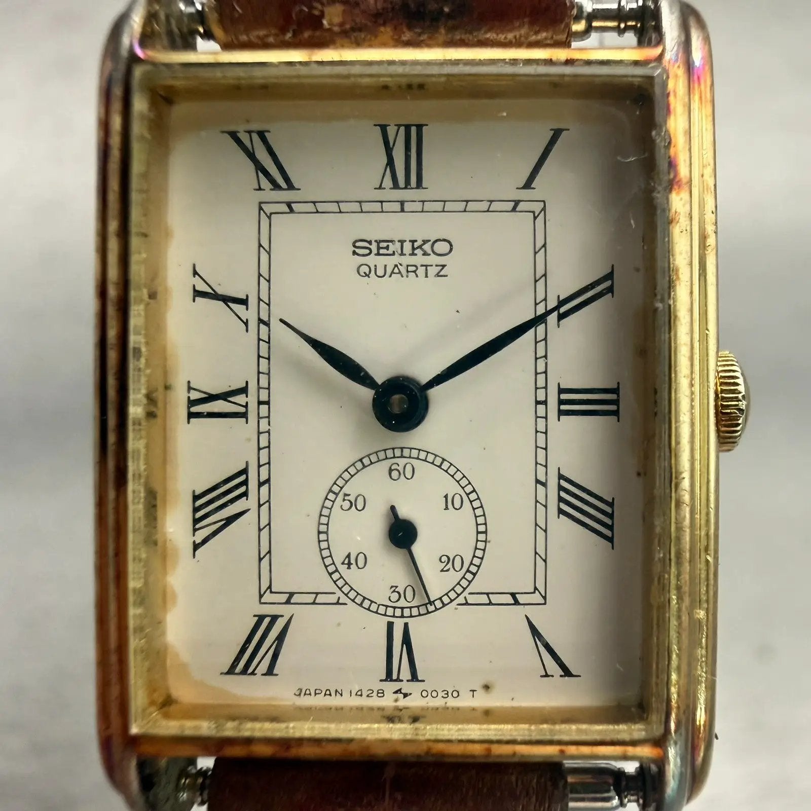 Seiko Watch Women 20mm White Dial Gold Tone Rectangle 1428-5020 New Battery VTG1
