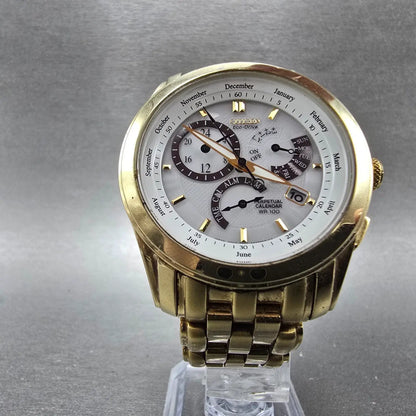 Citizen Eco-Drive Perpetual Calendar Watch Men 39mm White Dial Gold Alarm Runs5