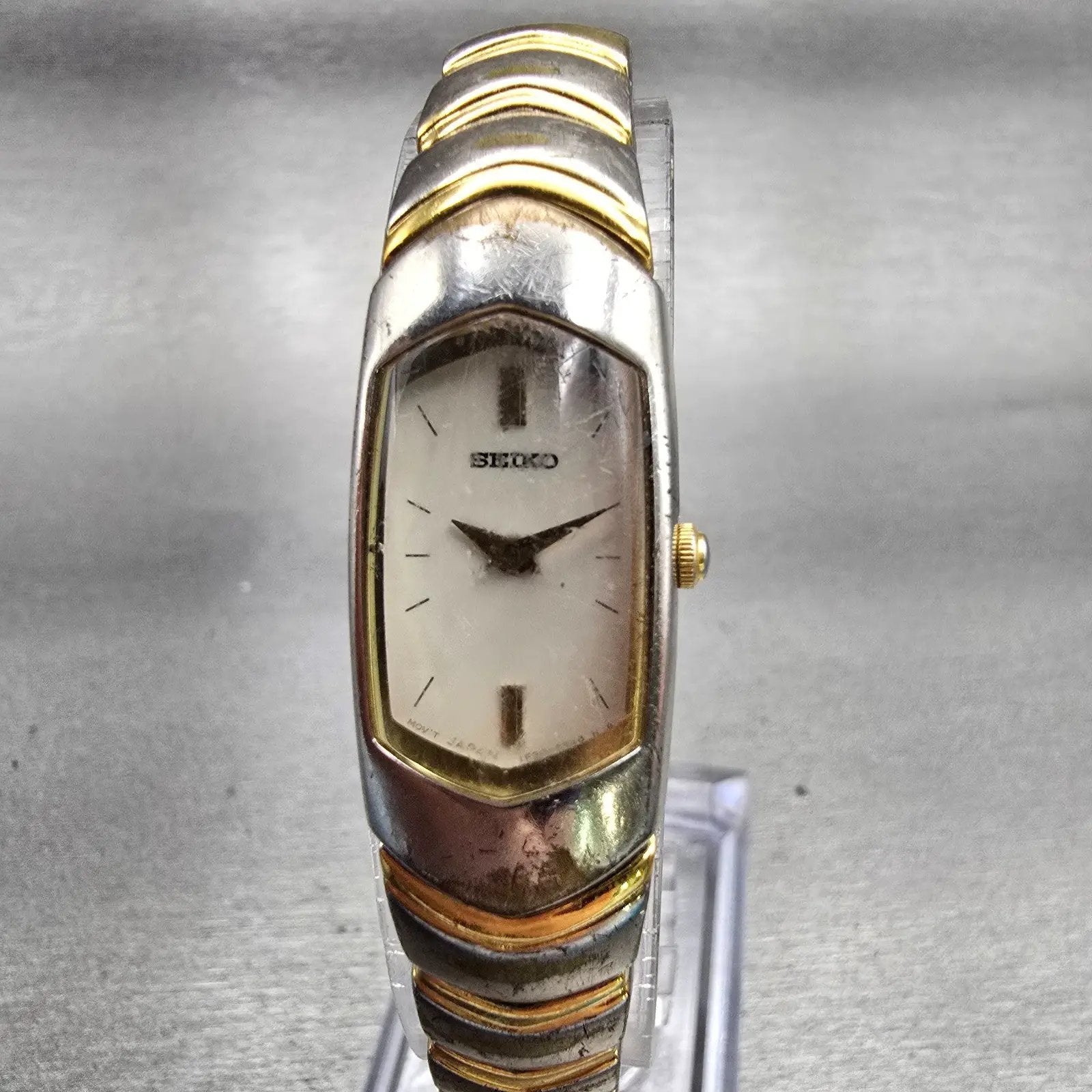Seiko Watch Women 15mm White Dial Two Tone Rectangle 1F20-6H49 New Battery VTG0