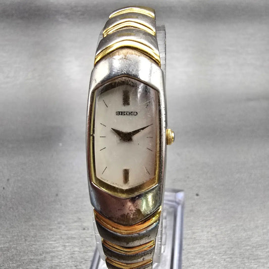 Seiko Watch Women 15mm White Dial Two Tone Rectangle 1F20-6H49 New Battery VTG0