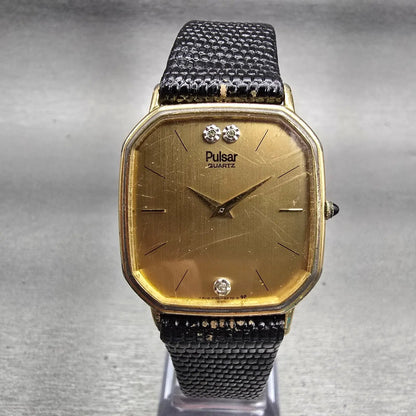 Seiko Pulsar Watch Men 30mm Gold Dial Gold Tone Octagon Y100-5419 New Battery0