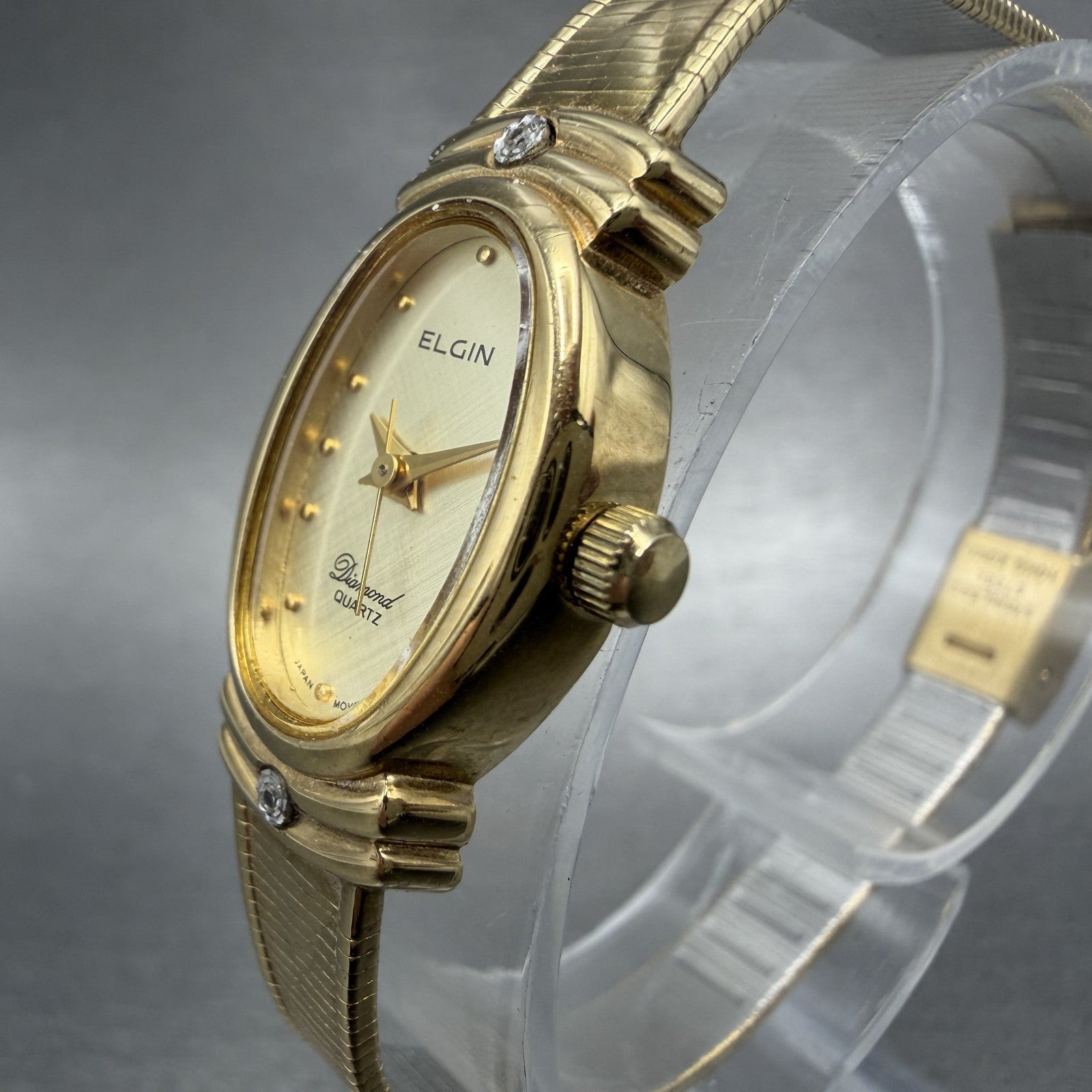 Elgin Watch Women 16mm Champagne Dial Gold Tone Oval Diamond Quartz New Batt ABC2