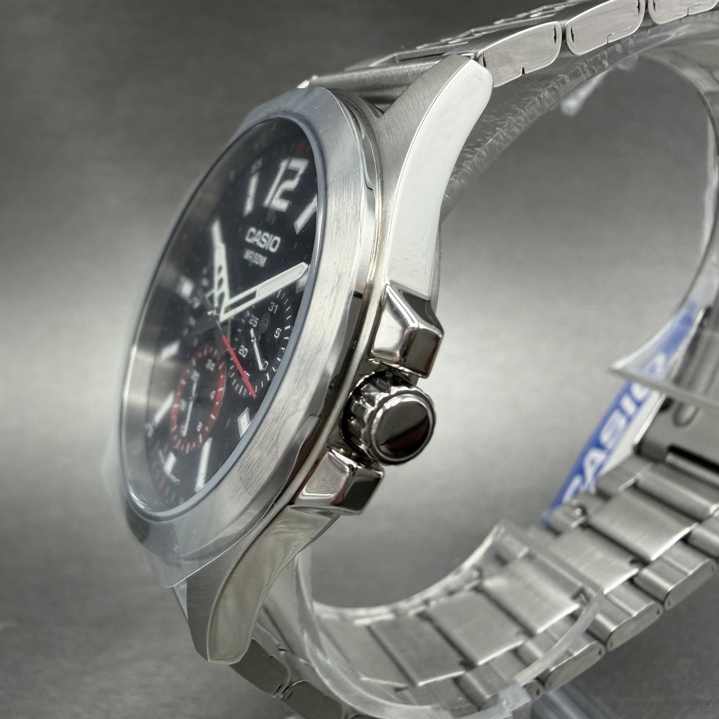 Casio MTP-E350 Watch Men 39mm Black Dial Silver Tone Daydate Metal Bracelet2