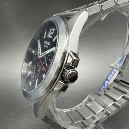 Casio MTP-E350 Watch Men 39mm Black Dial Silver Tone Daydate Metal Bracelet2