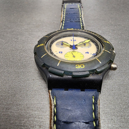 Swatch Aqua Chrono Free Dive Watch Men 43mm Cream Dial Blue Tone Date READ! Runs2