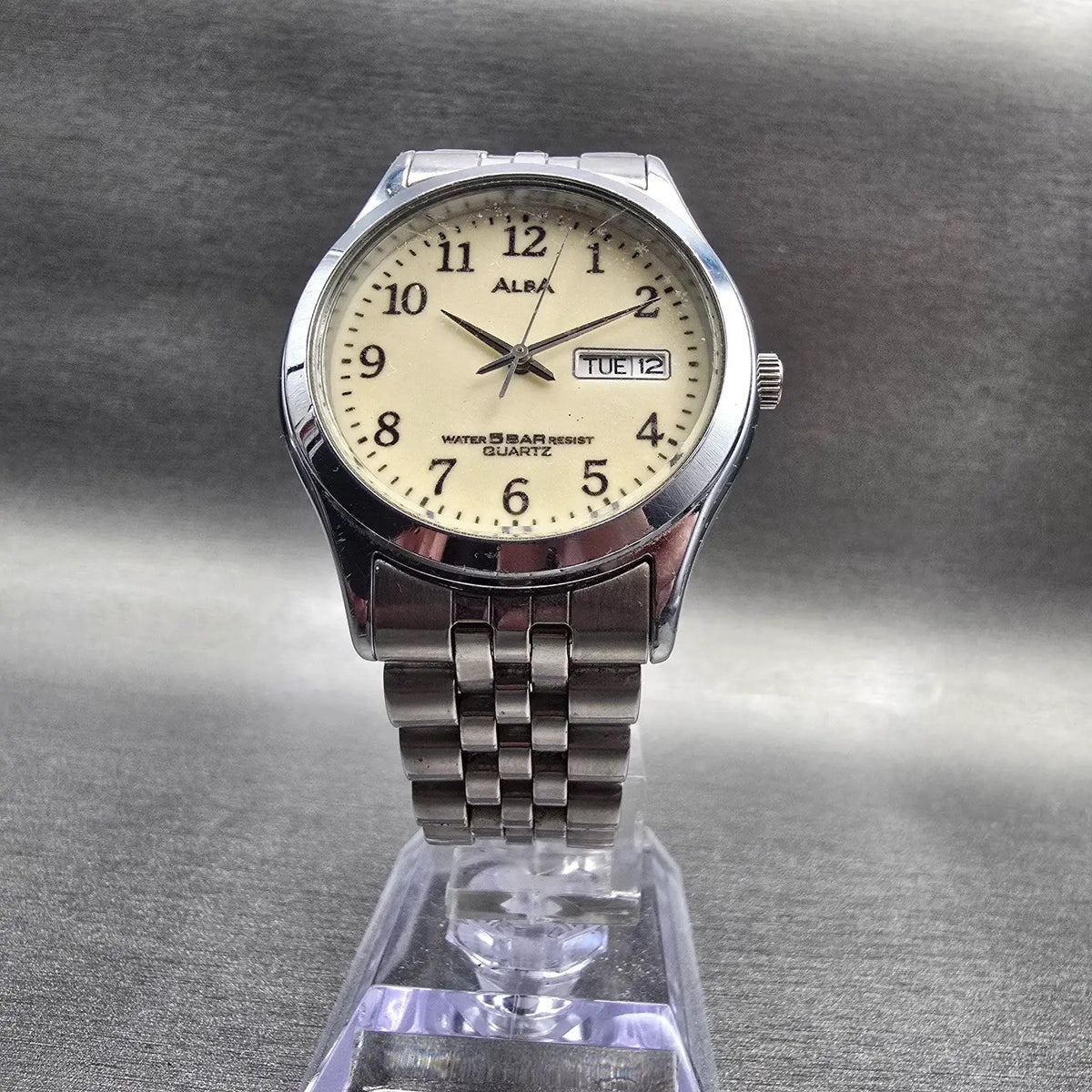 Seiko Alba Watch Men 34mm Luminous Dial Silver Tone Date V733-6C20 New Battery D5