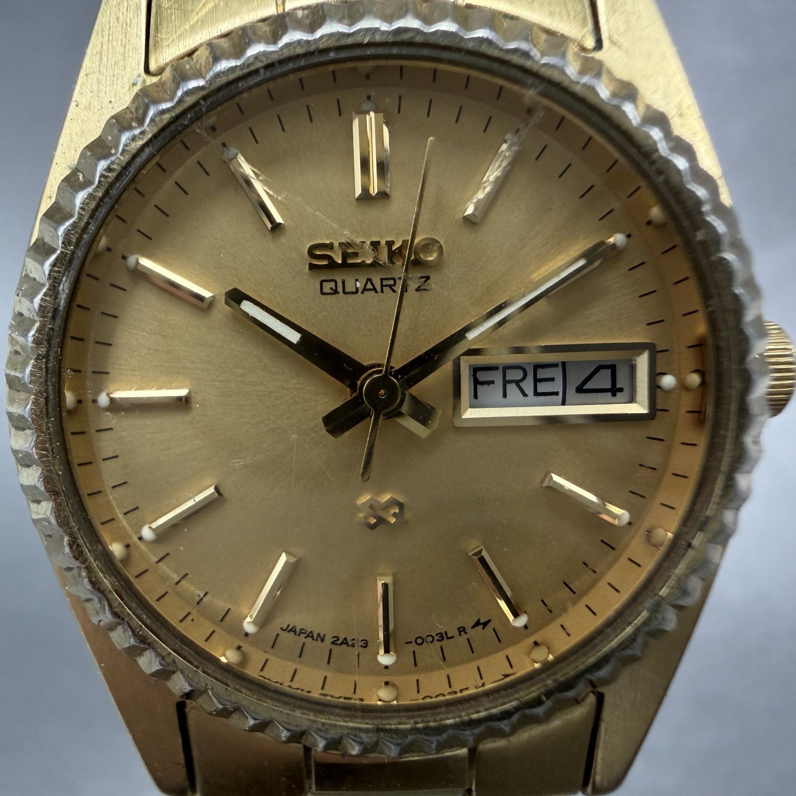 Seiko SQ Watch Women 24mm Champagne Dial Gold Tone Daydate 2a23-0030 New Batt AB1