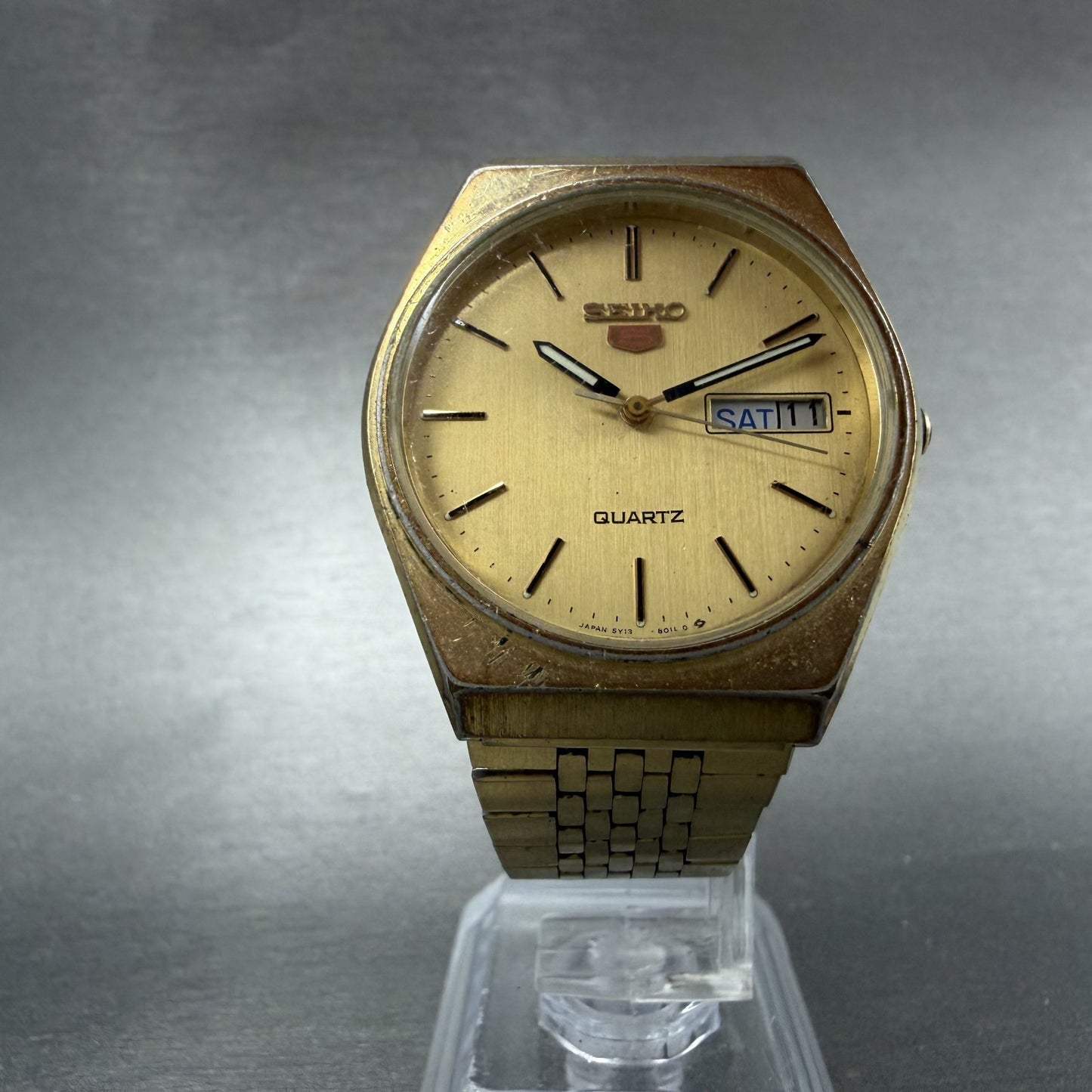 Seiko 5 Watch Men 34mm Champagne Dial Gold Tone Daydate 5Y13-8010 New Batt READ!7
