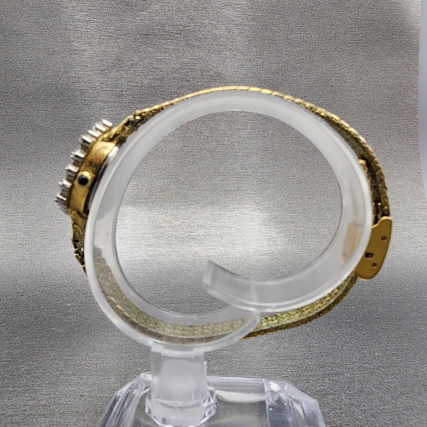 Jules Jurgenson Watch Women 15mm Gold Dial Gold Tone Hexagon Gem Set Bezel Runs6