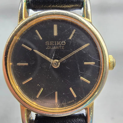 Seiko Watch Women 20mm Black Dial Gold Tone Round 2Y00-0A19 New Battery Vintage1