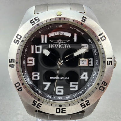 Invicta Watch Men 44mm Black Dial Silver Tone Daydate Round New Battery