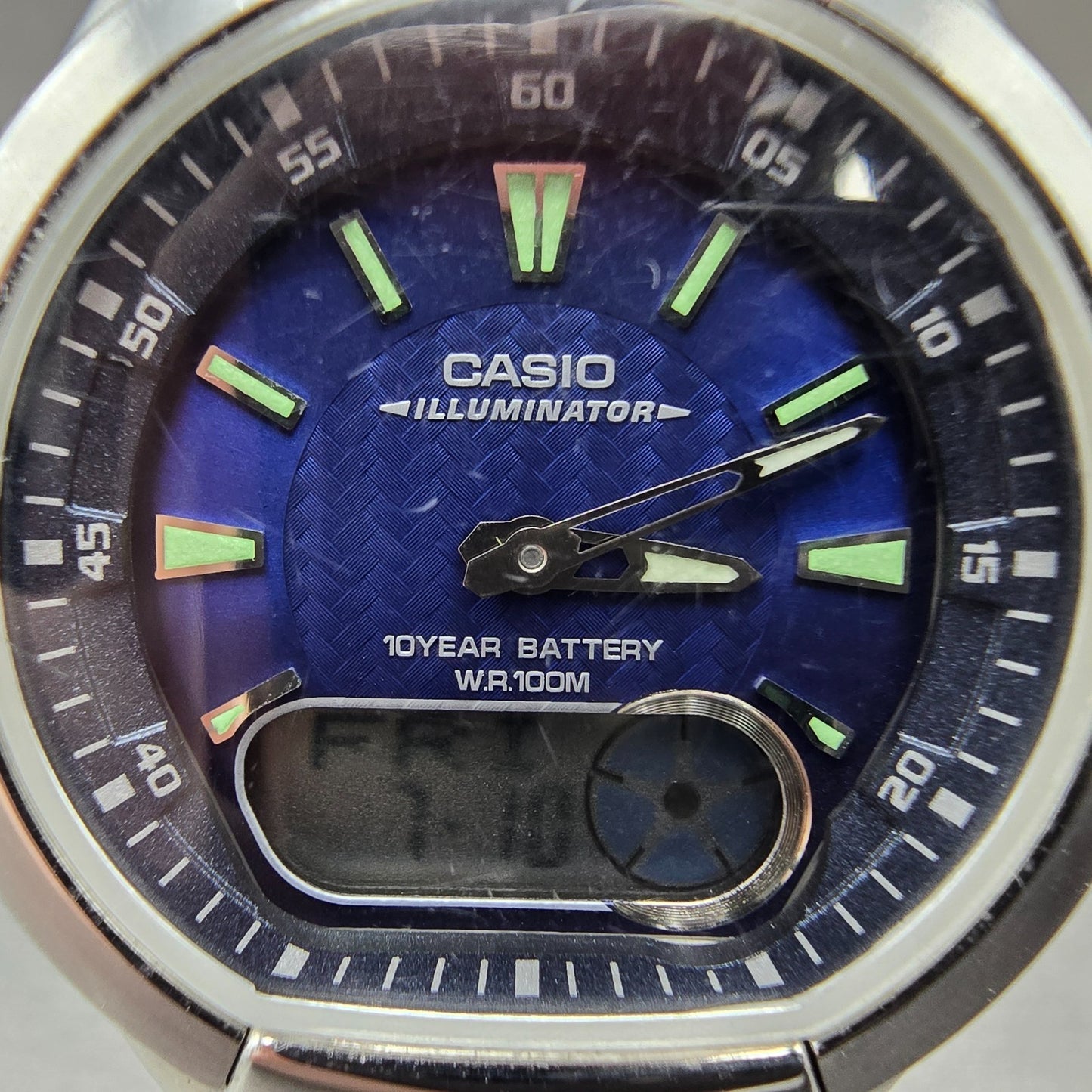 Casio Illuminoator AQ-180W Watch Men 41mm Blue Dial Silver Alarm Daydate New Bat1