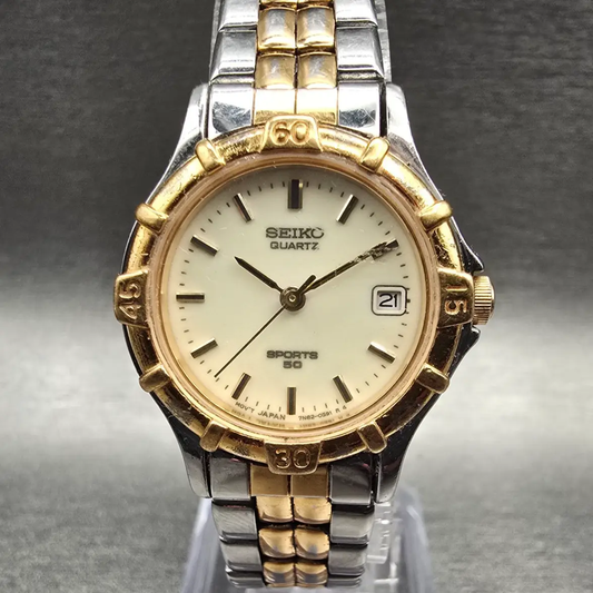 Seiko Sports 50 Watch Women 25mm Luminous Dial Two Tone Date 7N82-0261 New Batt0
