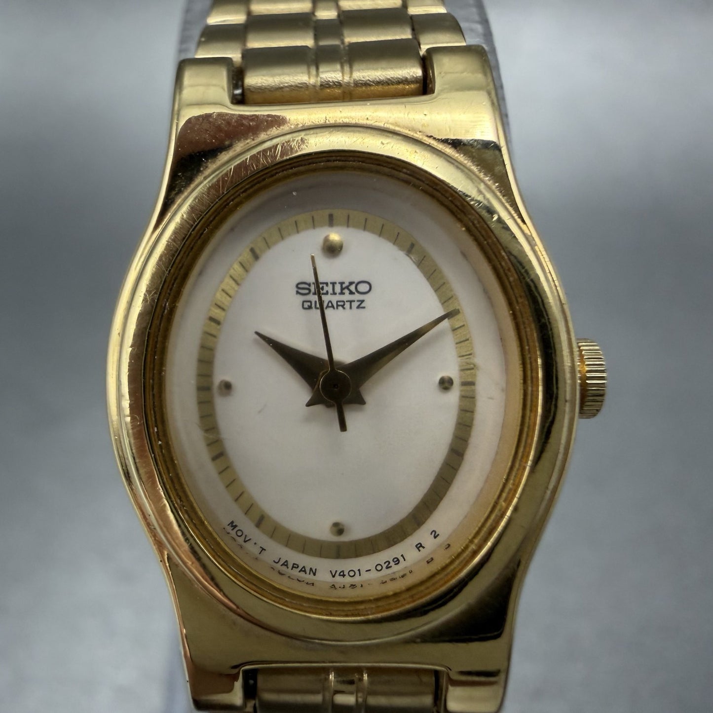 Seiko Watch Women 17mm White Dial Gold Tone Oval V4015109 New Battery VTG BAC1
