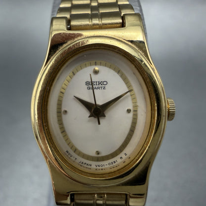 Seiko Watch Women 17mm White Dial Gold Tone Oval V4015109 New Battery VTG BAC1