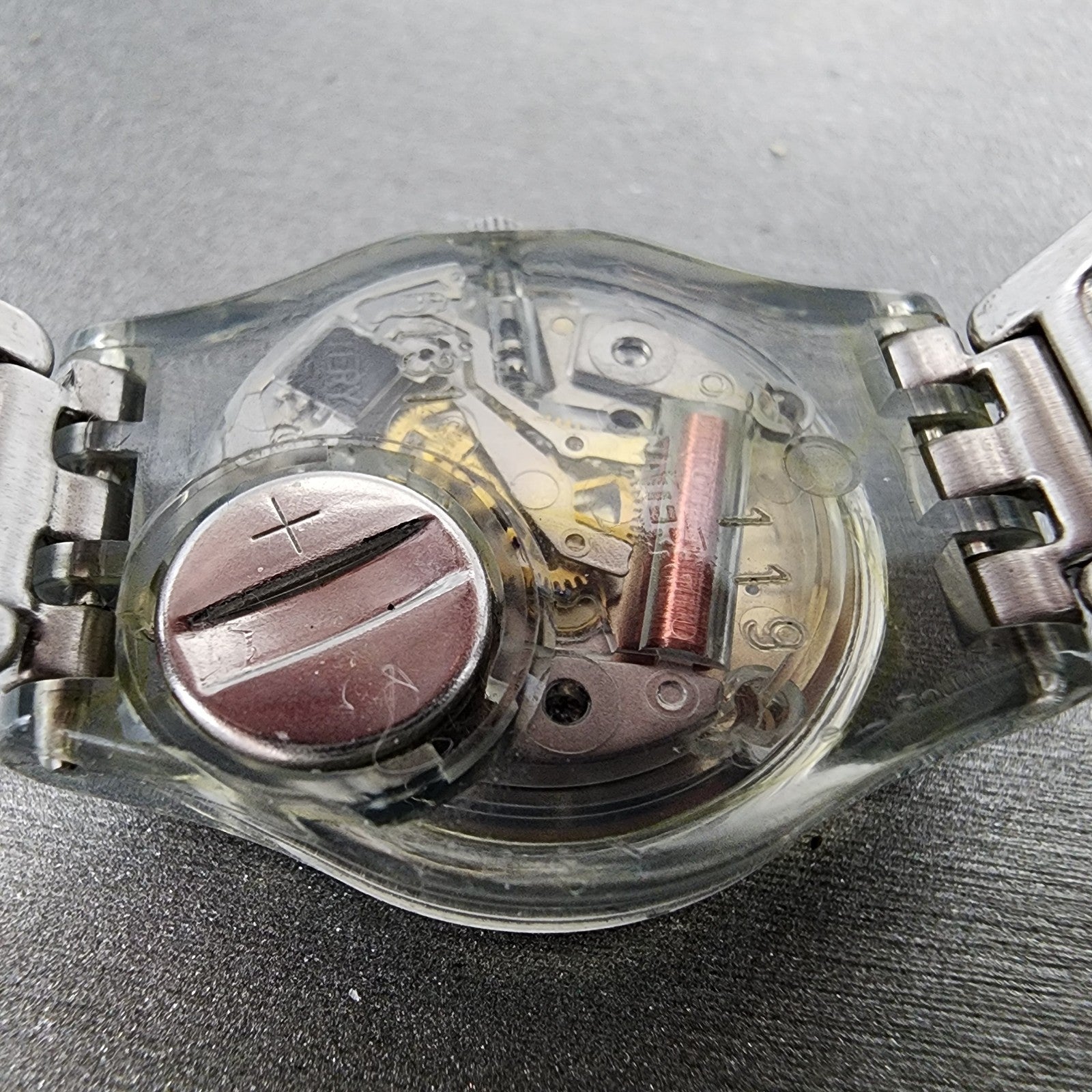 Swatch Watch Women 25mm Silver Dial Clear Case Round New Battery VTG9
