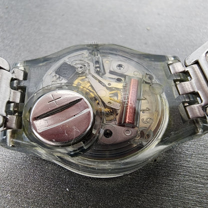 Swatch Watch Women 25mm Silver Dial Clear Case Round New Battery VTG9