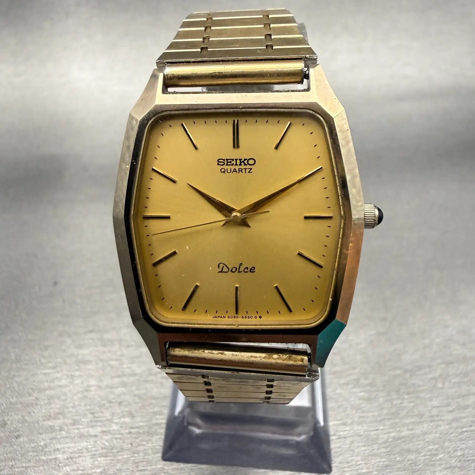 Seiko Dolce Watch Men 30mm Gold Dial Gold Tone Rectangle 6030-5480 New Battery0