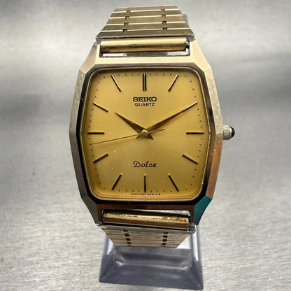Seiko Dolce Watch Men 30mm Gold Dial Gold Tone Rectangle 6030-5480 New Battery0