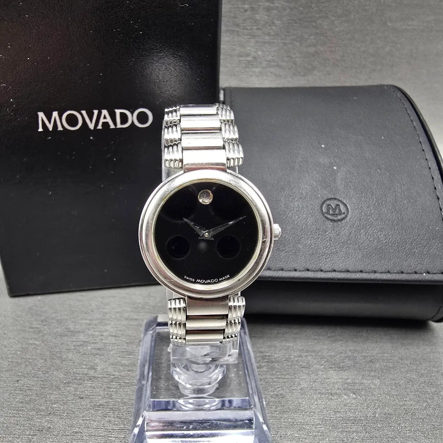 Movado Serenade Watch Women 25mm Black Dial Silver Tone 84 A1 1844 New Battery0