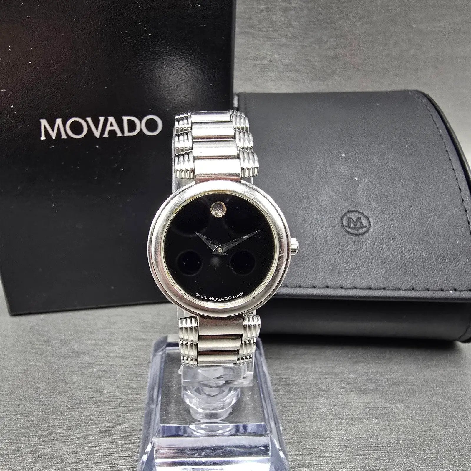 Movado Serenade Watch Women 25mm Black Dial Silver Tone 84 A1 1844 New Battery0
