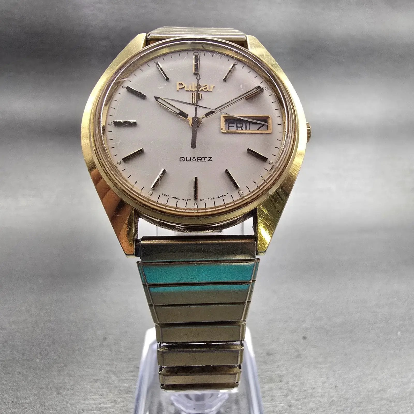 Seiko Pulsar Watch Men 36mm Silver Dial Gold Tone Daydate Y563-8449 New Battery5