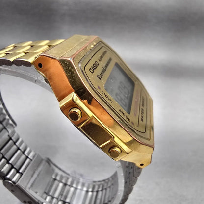 Casio A168 Digital Watch Men 35mm Gold Dial Gold Tone Chrono Alarm New Battery3