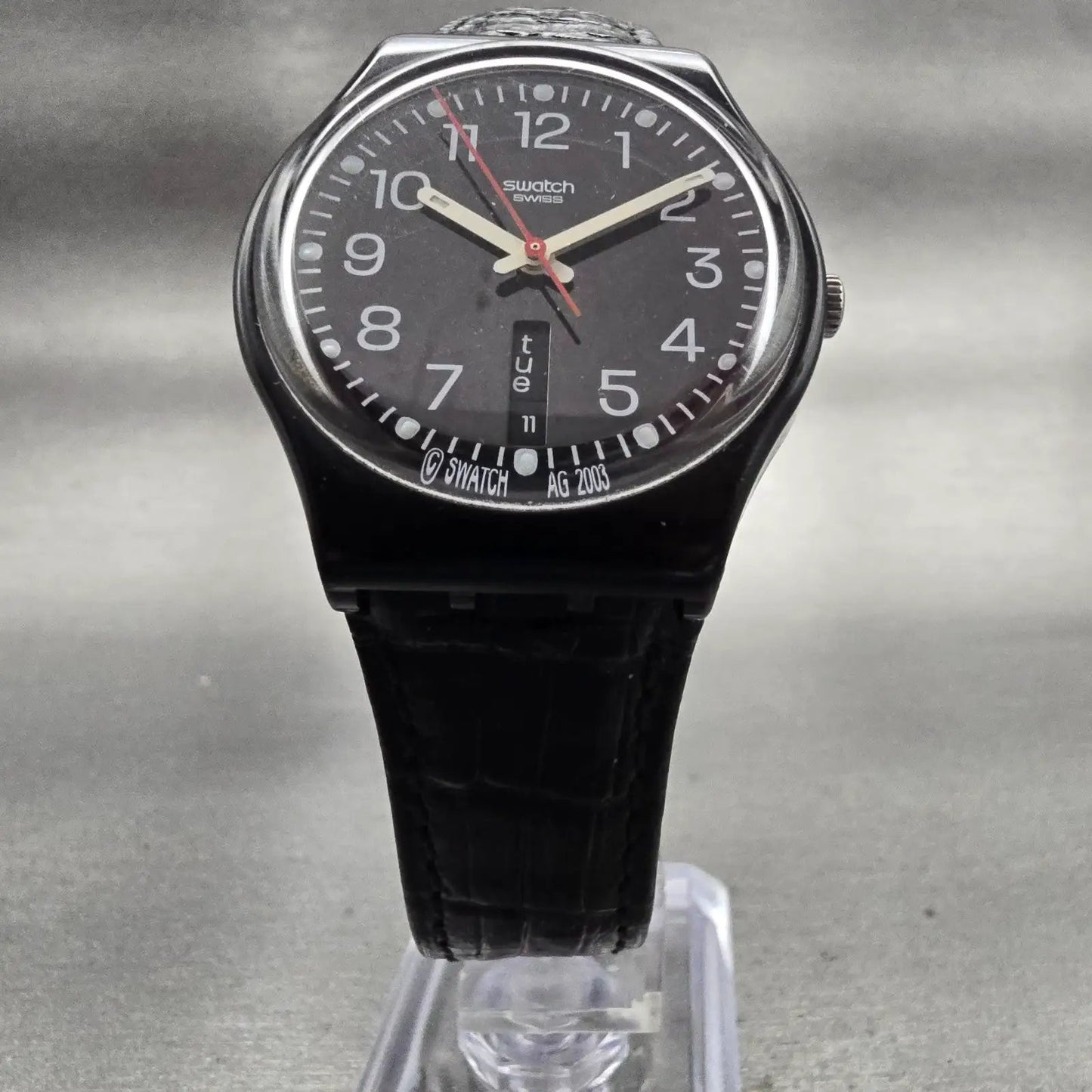 Swatch RED SUNDAY Watch Men Black Dial Black Tone Daydate GB750 New Battery5