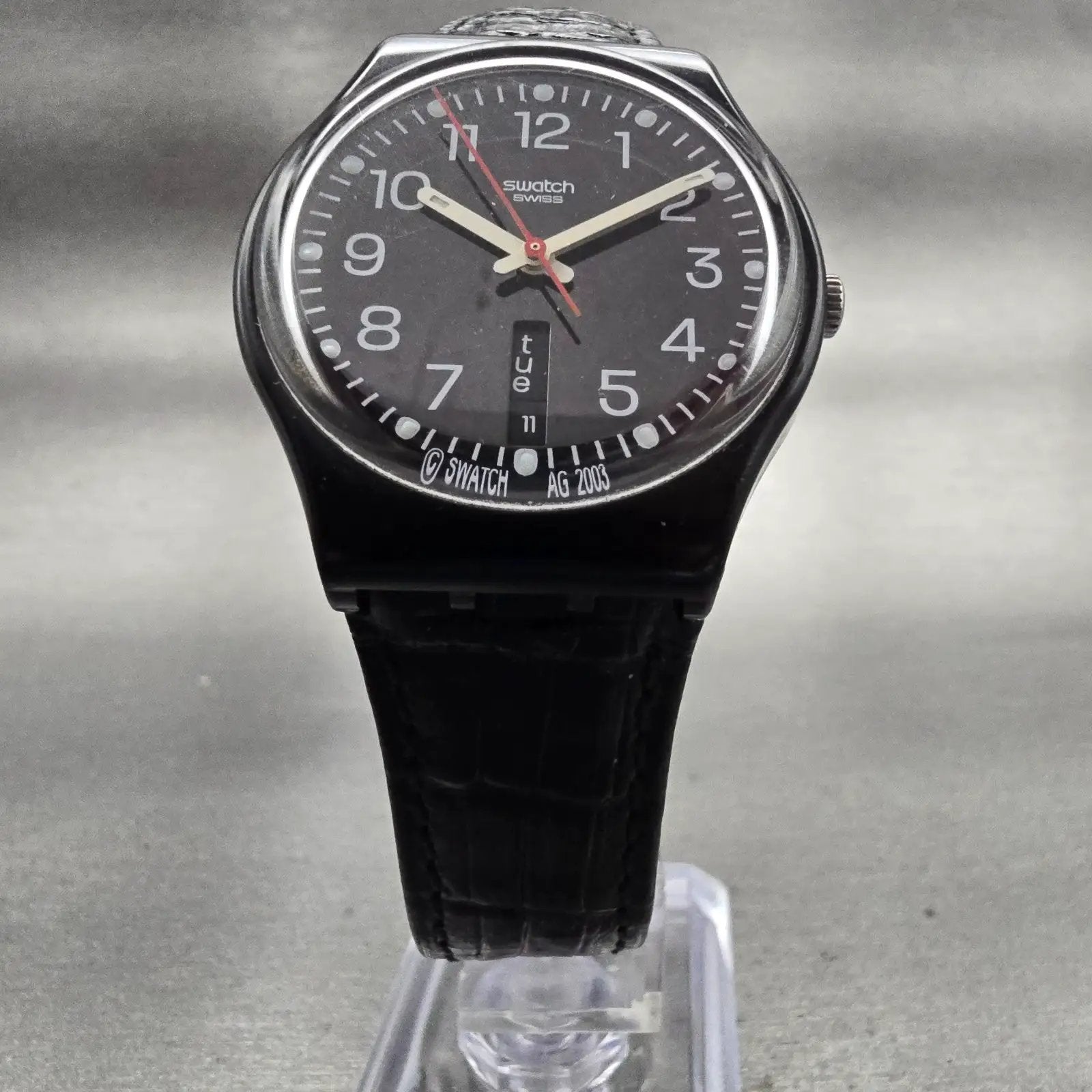 Swatch RED SUNDAY Watch Men Black Dial Black Tone Daydate GB750 New Battery5