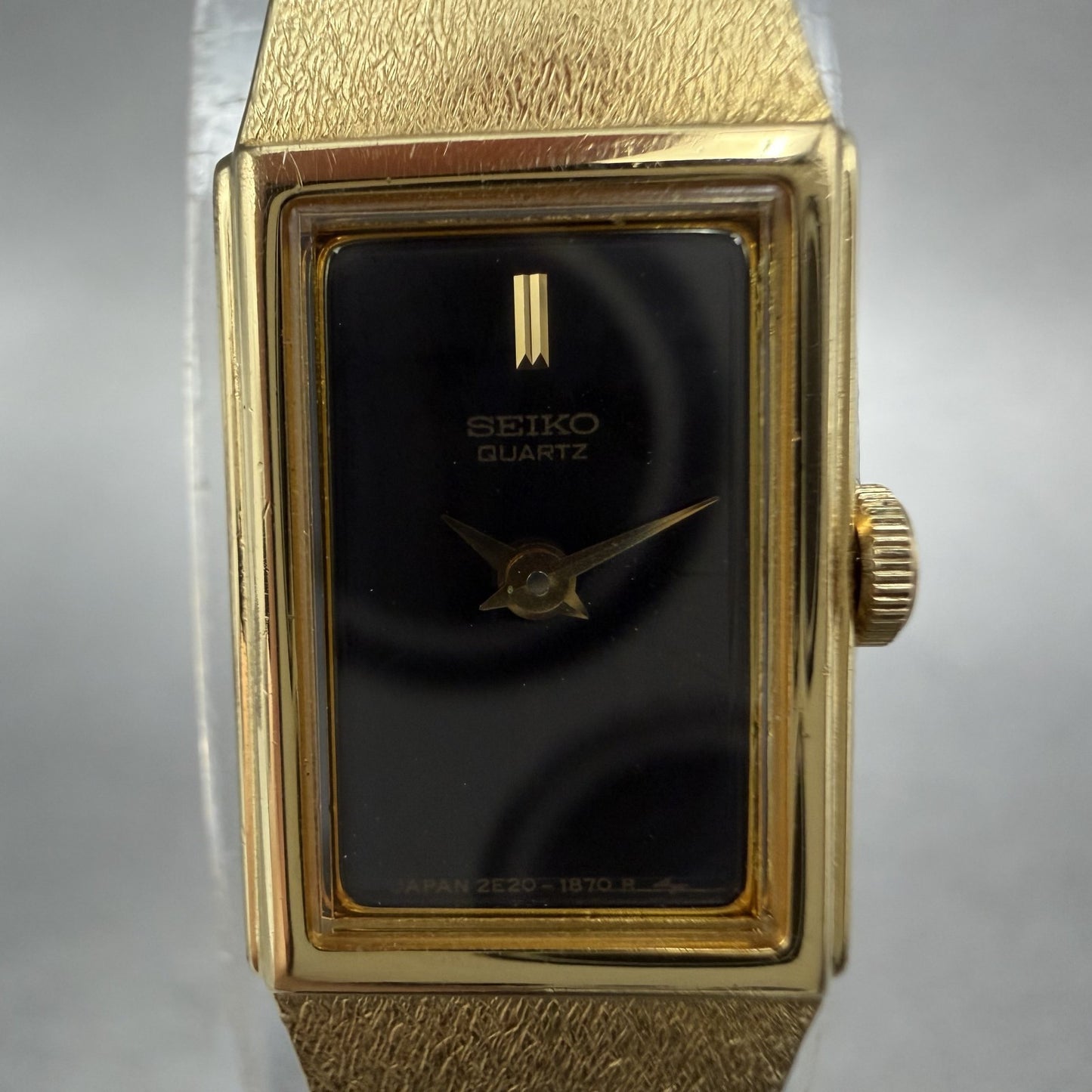 Seiko Tank Watch Women 12mm Black Dial Gold Tone 2E20-6479 New Battery VTG ABC1