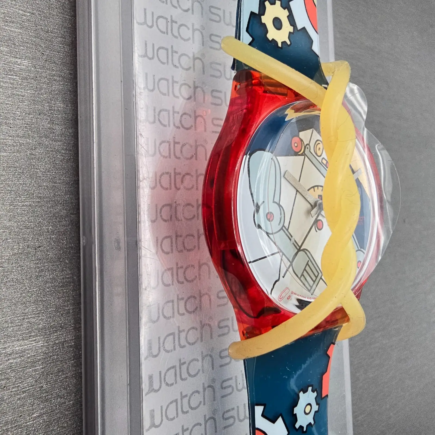 Swatch Gent Roboboy Watch Men 34m Blue Dial Red Case Round GR135 New Battery VTG3