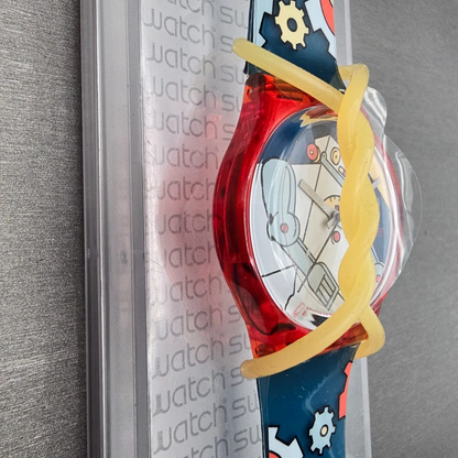 Swatch Gent Roboboy Watch Men 34m Blue Dial Red Case Round GR135 New Battery VTG3