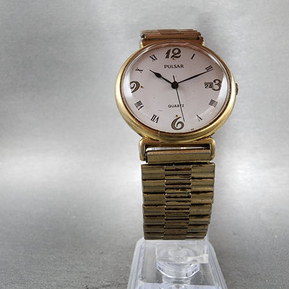 Seiko Pulsar Watch Men 33mm White Dial Gold Tone Date V5378a30 New Battery5
