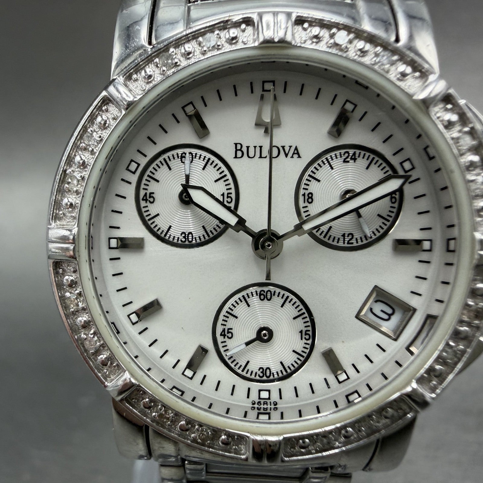 Bulova Chronograph Watch Women 30mm White Dial Silver Tone Date 96R19 New BattAB1