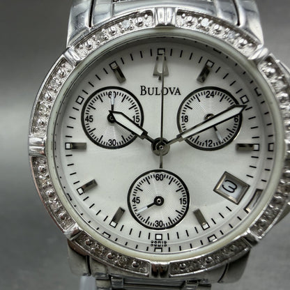 Bulova Chronograph Watch Women 30mm White Dial Silver Tone Date 96R19 New BattAB1