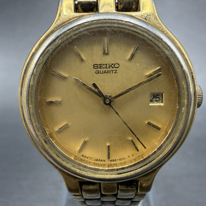 Seiko Watch Women 24mm Gold Dial Gold Tone Date Round 7N82-0071 New Battery ABC1