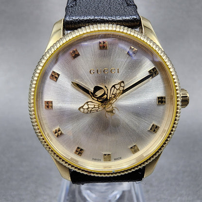 Gucci G-Timeless Watch Women 29mm Silver Dial Gold Tone Round Leather YA1265023