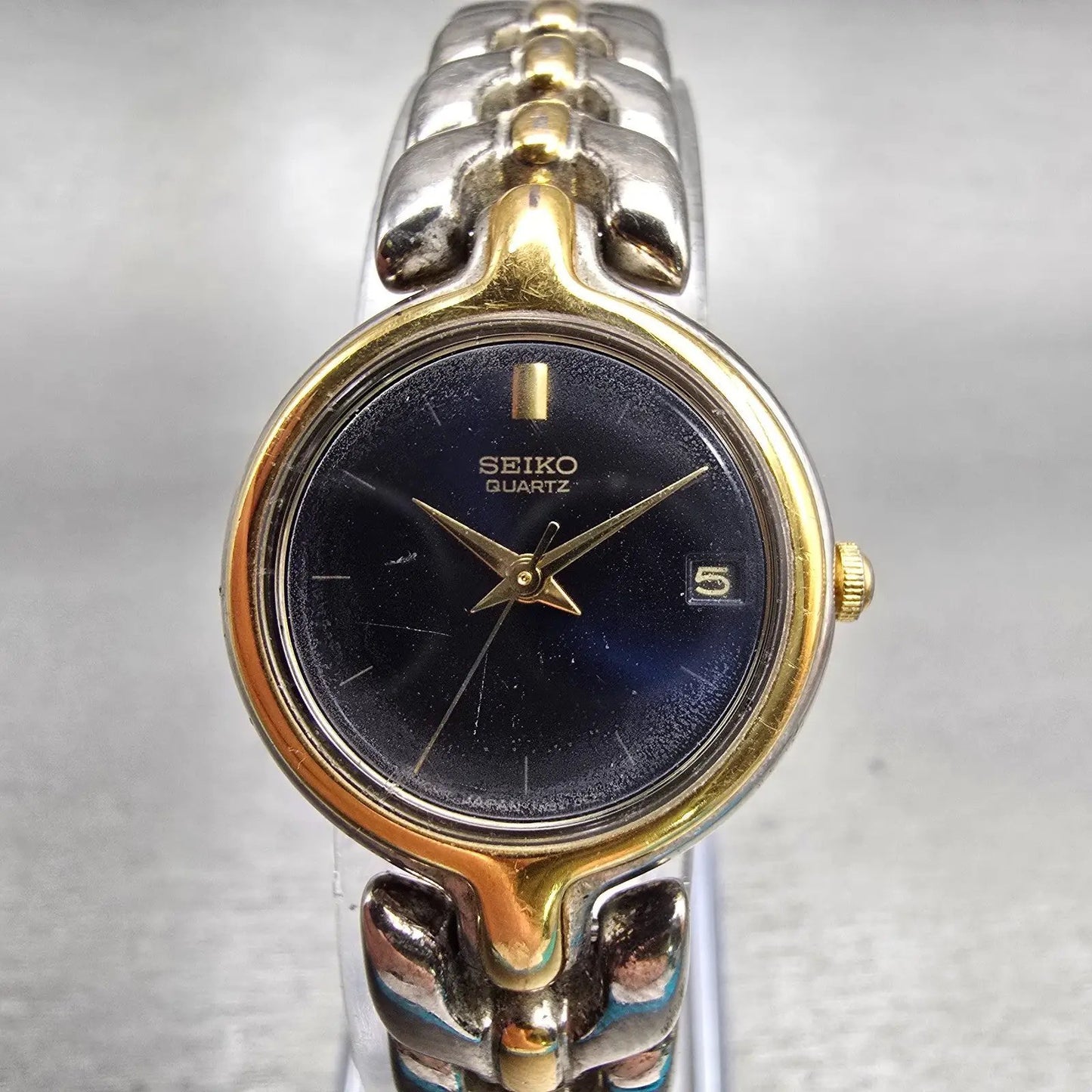 Seiko Watch Women 22mm Blue Dial Two Tone Date Round 7N82-0248 New Battery VTG0