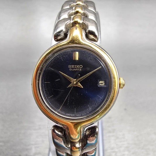 Seiko Watch Women 22mm Blue Dial Two Tone Date Round 7N82-0248 New Battery VTG0