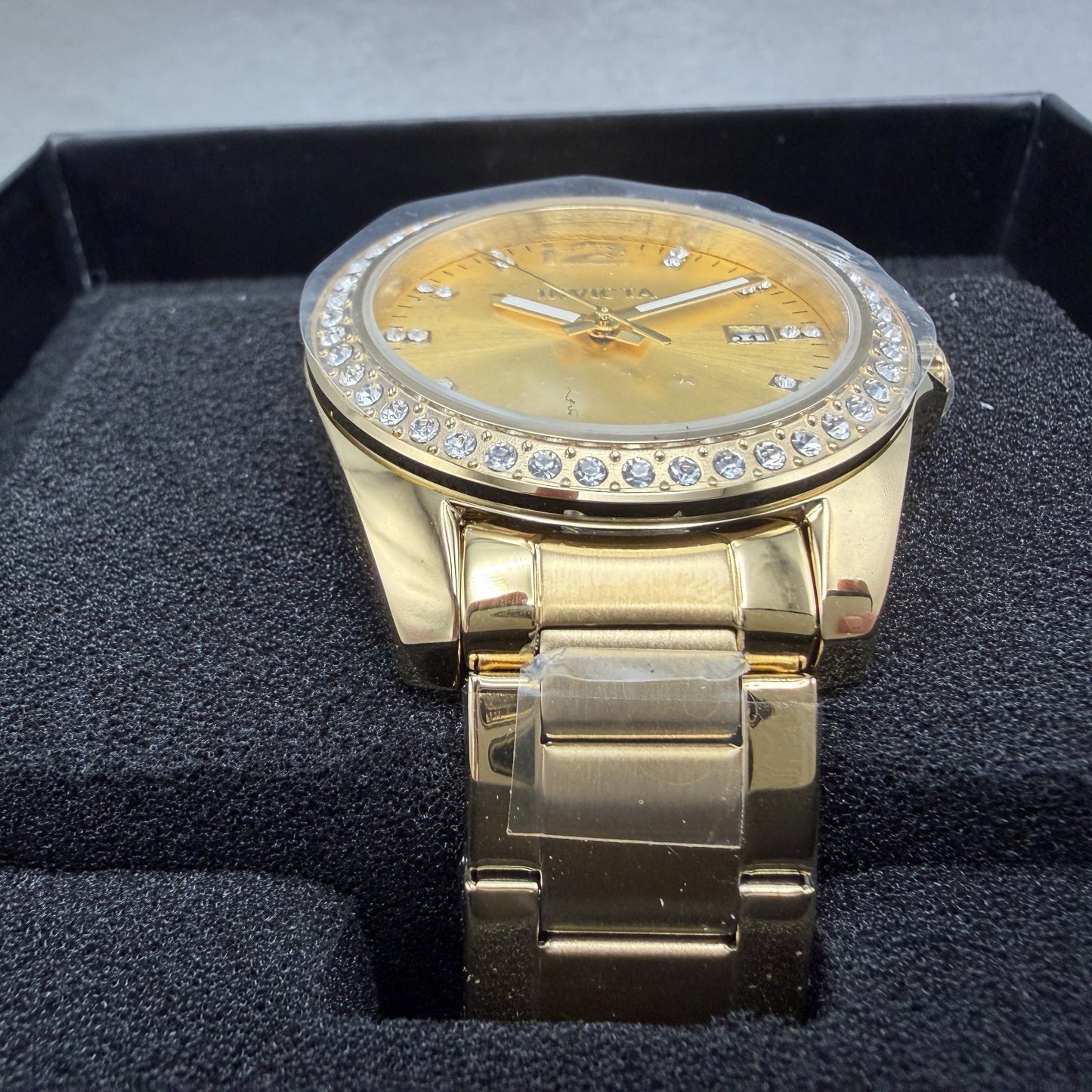 Invicta Angel Watch Women 38mm Gold Dial Gold Tone Date Round Crystal Bezel498475