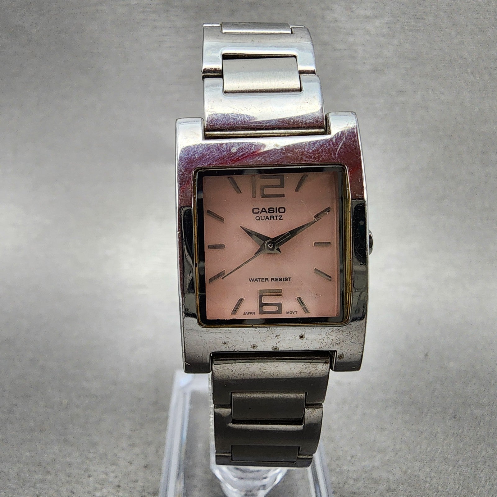 Casio Tank Watch Women 21mm Pink Dial Silver Tone Rectangle LTP1283 New Battery0