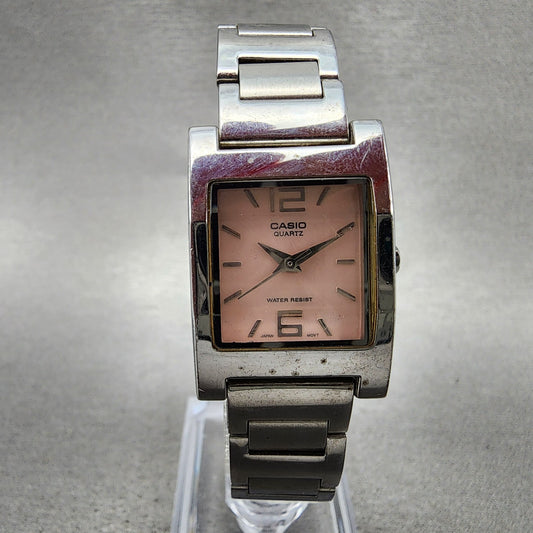 Casio Tank Watch Women 21mm Pink Dial Silver Tone Rectangle LTP1283 New Battery0