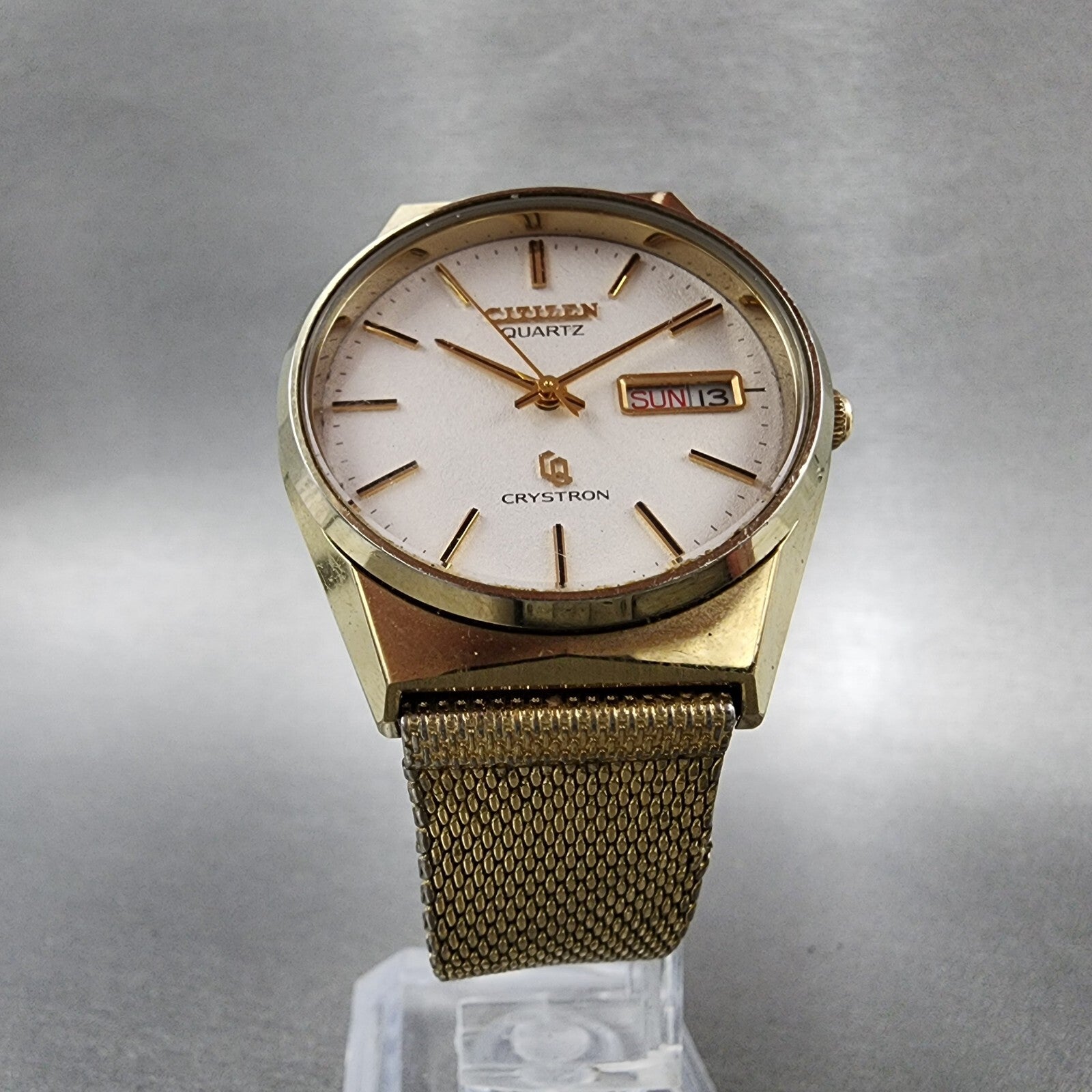 Citizen CQ Crystron Watch Men 34mm White Dial Gold Tone Daydate 4710240 PARTS6