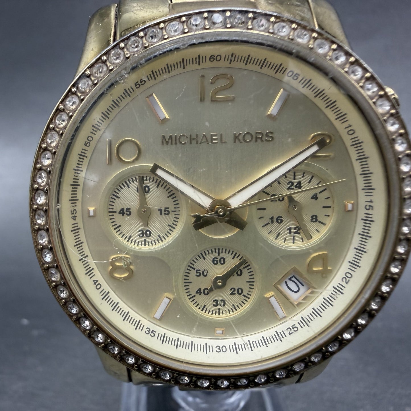 Michael Kors Chrono Watch Women 38mm Champagne Dial Gold Tone MK-5130 New Batt1