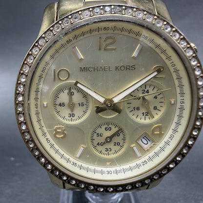Michael Kors Chrono Watch Women 38mm Champagne Dial Gold Tone MK-5130 New Batt1