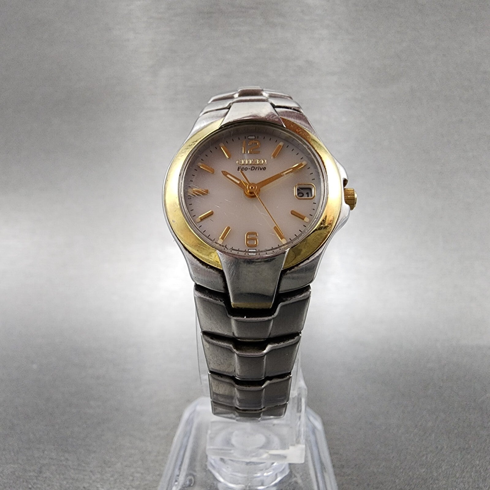 Citizen EcoDrive Watch Women 24mm MOP Dial Two Tone Date Round  E010S0016685