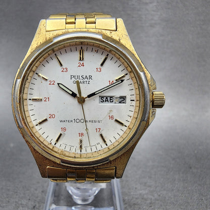 Pulsar Watch Men 37mm White Dial Gold Tone Daydate Round Y1487060 New Battery0