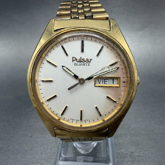 Seiko Pulsar Watch Men 36mm White Dial Gold Tone Daydate V563-8049 New Batt0
