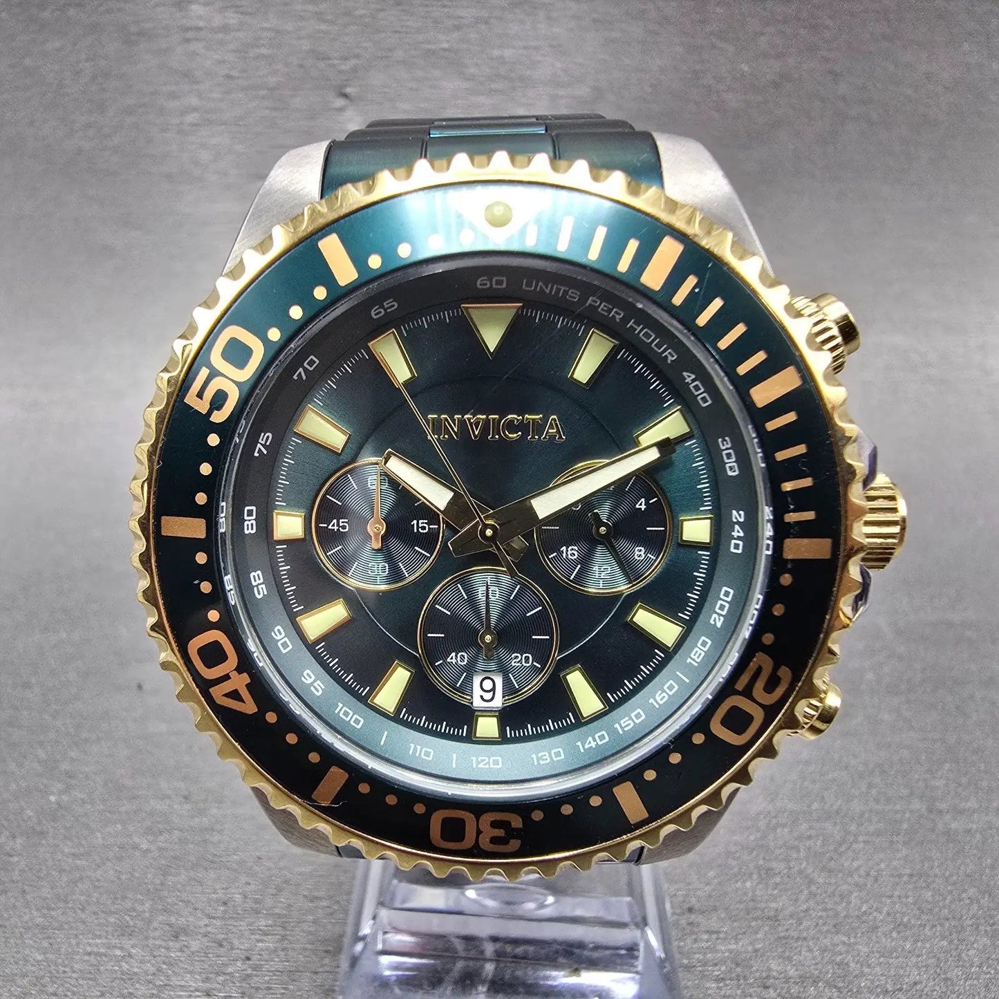 Invicta Pro Diver Chronograph Watch Men 47mm Green Dial Silver Tone New Battery0