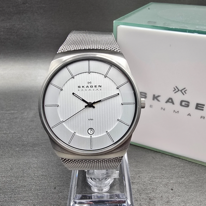 Skagen Watch Men 40mm Silver Dial Silver Tone Date Round 780XLSS New Battery0